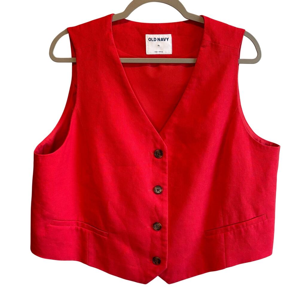 Old Navy Sleeveless Red Linen Blend Button Front Vest - size XL